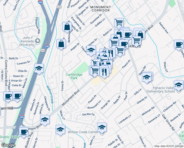map of restaurants, bars, coffee shops, grocery stores, and more near 1110 Eureka Lane in Concord