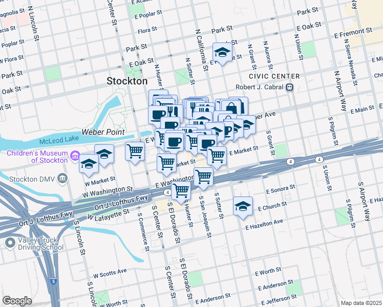 map of restaurants, bars, coffee shops, grocery stores, and more near 306 East Main Street in Stockton