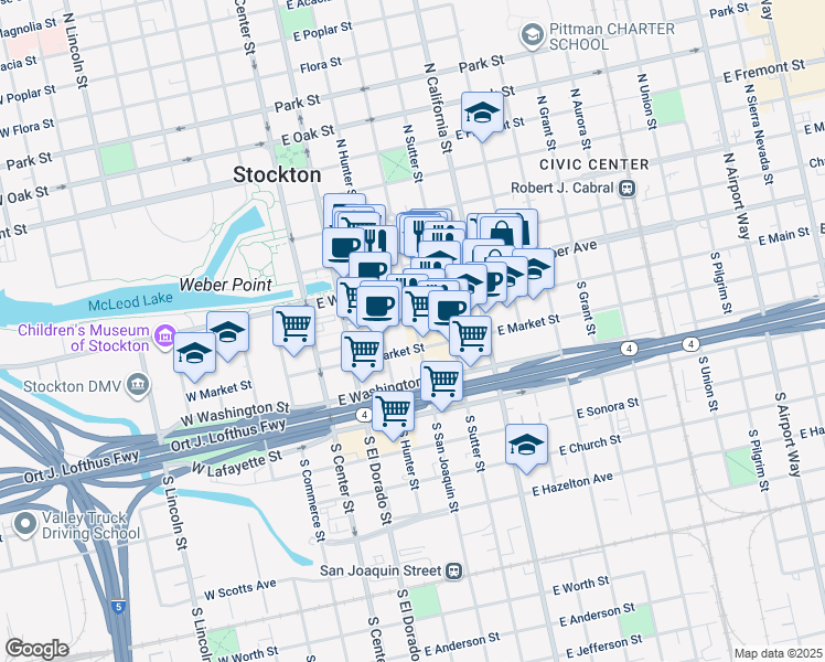 map of restaurants, bars, coffee shops, grocery stores, and more near 306 East Main Street in Stockton