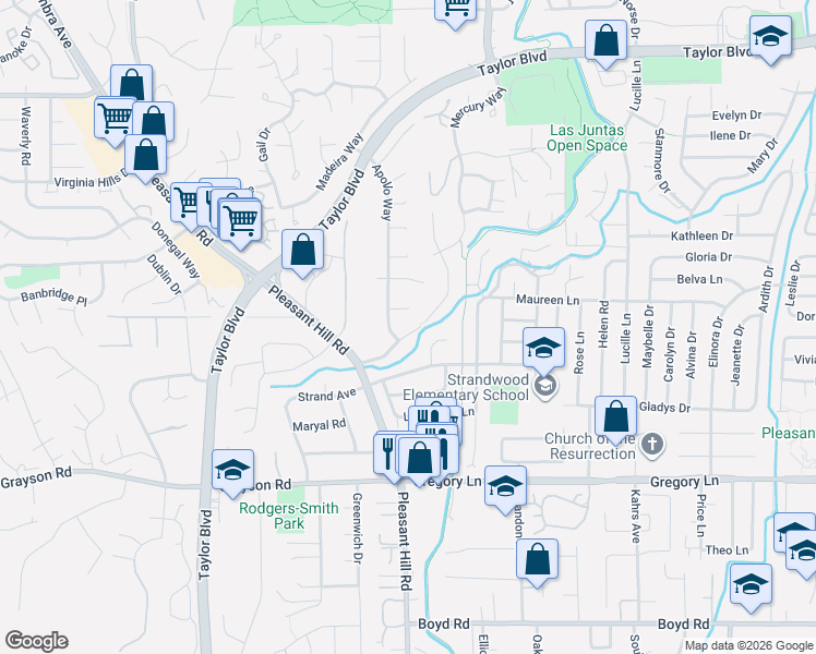 map of restaurants, bars, coffee shops, grocery stores, and more near 18 Tokay Court in Pleasant Hill