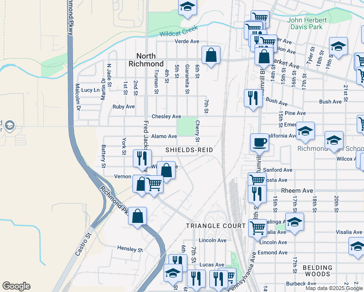 map of restaurants, bars, coffee shops, grocery stores, and more near 1340 Kelsey Street in Richmond