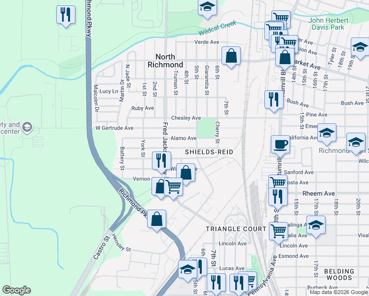 map of restaurants, bars, coffee shops, grocery stores, and more near 421 Duboce Avenue in Richmond