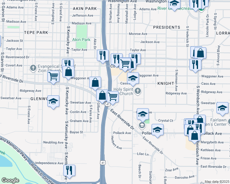 map of restaurants, bars, coffee shops, grocery stores, and more near 1701-1767 Henning Ave in Evansville