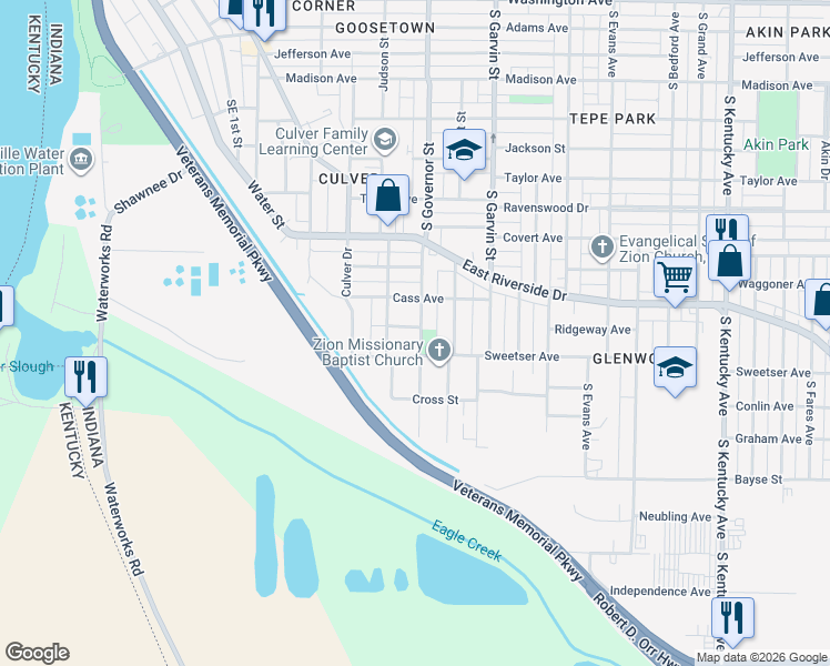 map of restaurants, bars, coffee shops, grocery stores, and more near 1718 South Governor Street in Evansville