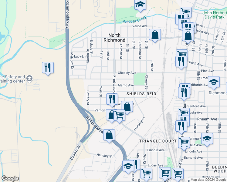 map of restaurants, bars, coffee shops, grocery stores, and more near 101 Duboce Avenue in Richmond