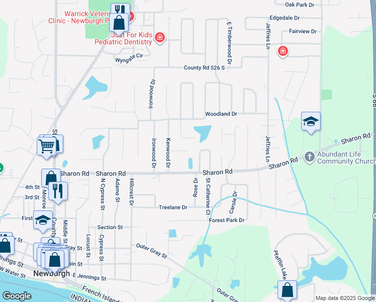 map of restaurants, bars, coffee shops, grocery stores, and more near Andrea Court in Newburgh