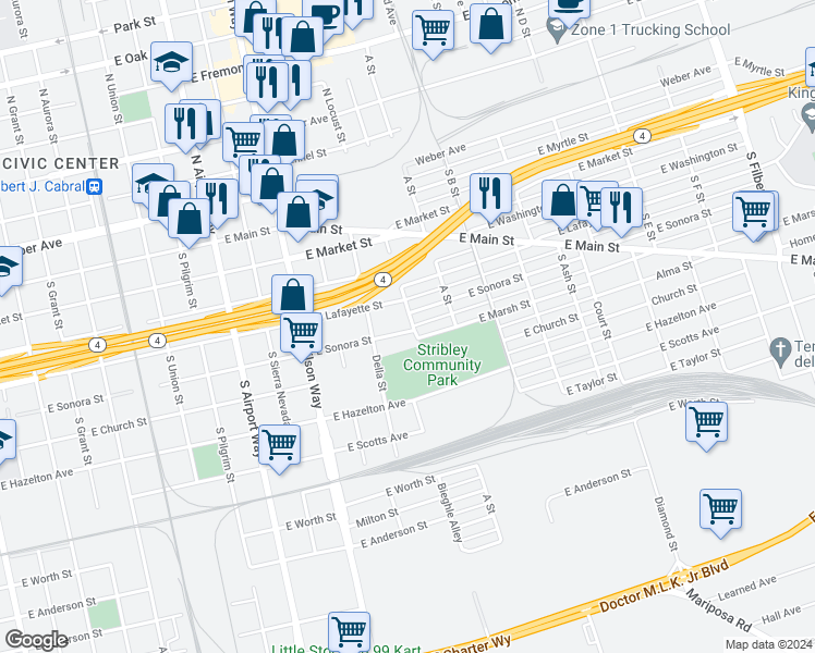 map of restaurants, bars, coffee shops, grocery stores, and more near 1749 E Sonora St in Stockton