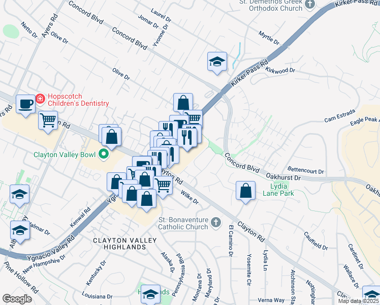 map of restaurants, bars, coffee shops, grocery stores, and more near 5435h Clayton Road in Clayton