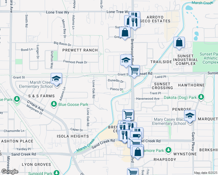 map of restaurants, bars, coffee shops, grocery stores, and more near 127 Pasco Drive in Brentwood