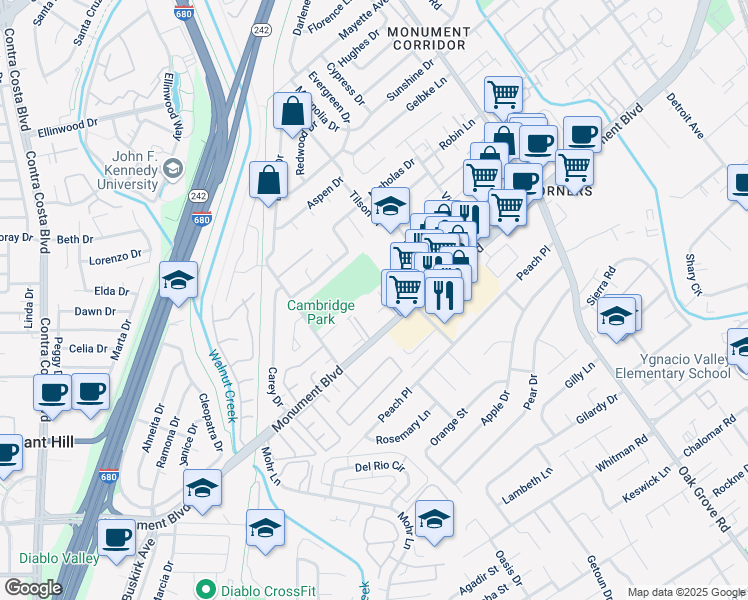 map of restaurants, bars, coffee shops, grocery stores, and more near 1121 Eureka Lane in Concord