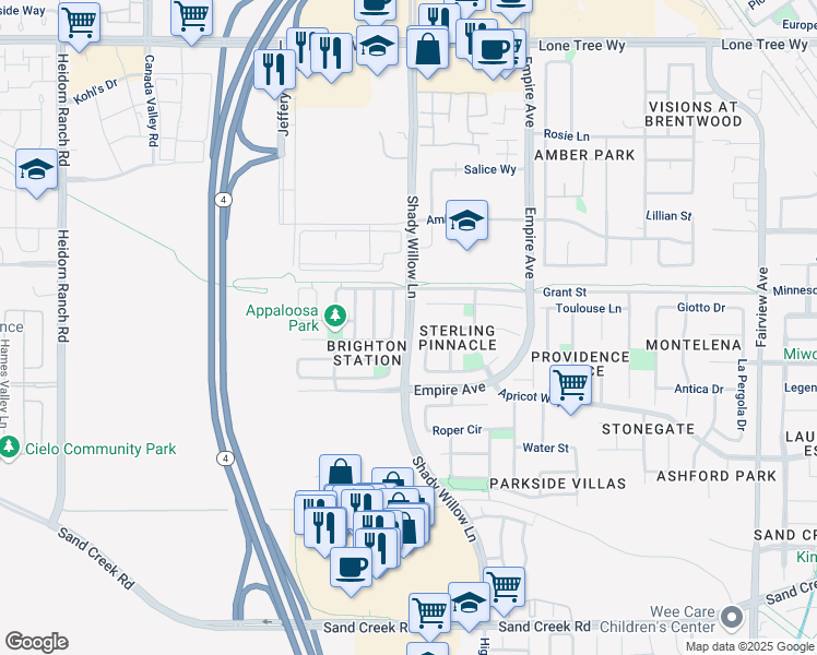 map of restaurants, bars, coffee shops, grocery stores, and more near Shady Willow Lane in Brentwood