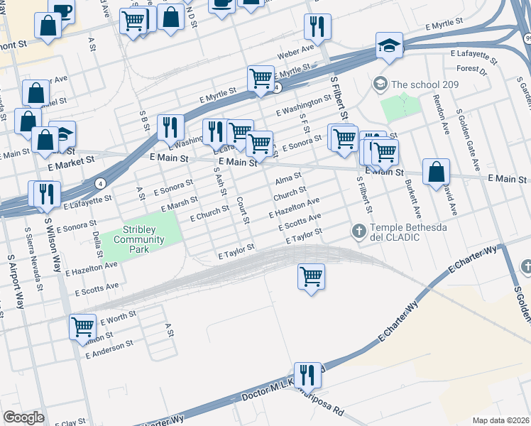map of restaurants, bars, coffee shops, grocery stores, and more near 519 South Mc Donell Avenue in Stockton