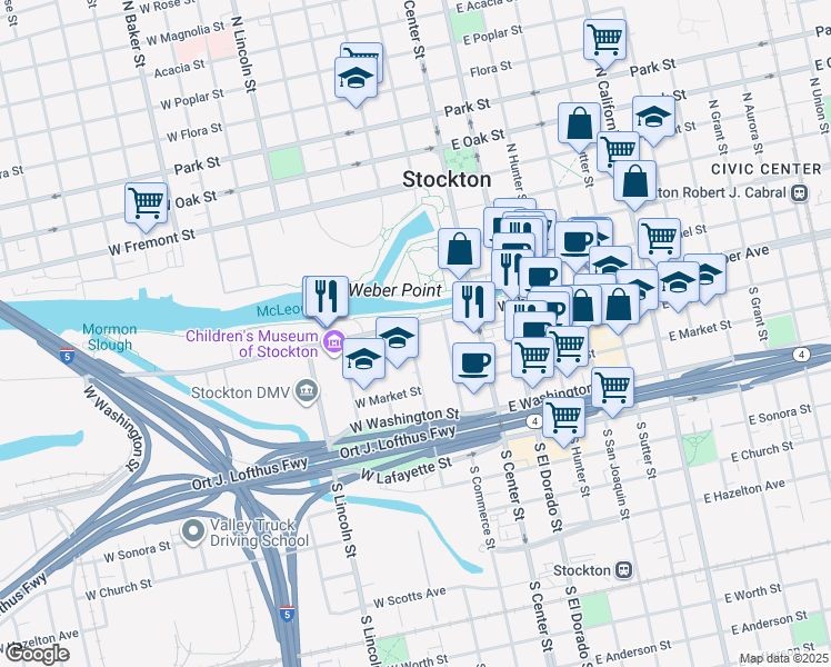 map of restaurants, bars, coffee shops, grocery stores, and more near 65 North Commerce Street in Stockton