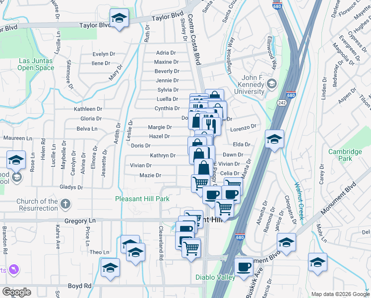 map of restaurants, bars, coffee shops, grocery stores, and more near 113 Doris Drive in Pleasant Hill