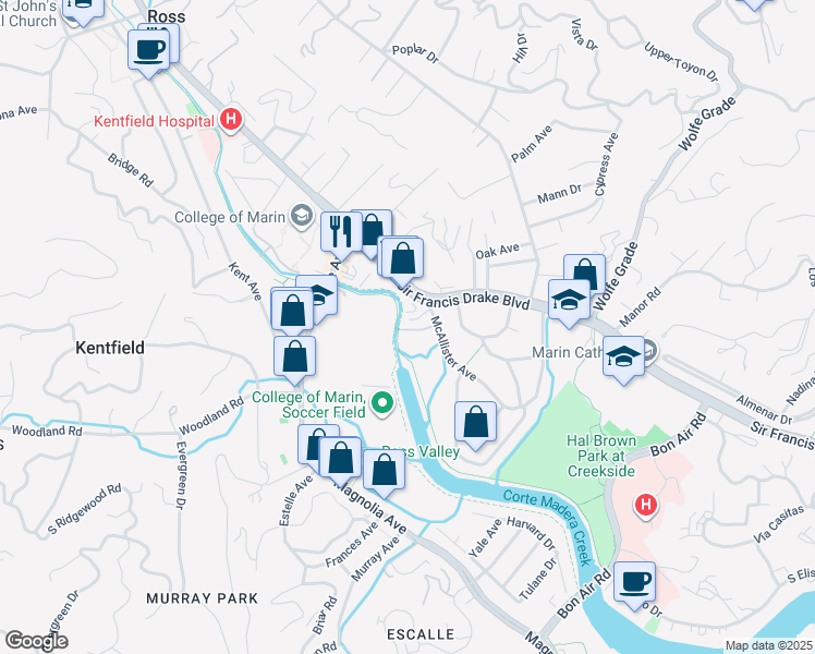 map of restaurants, bars, coffee shops, grocery stores, and more near 229 McAllister Avenue in Kentfield