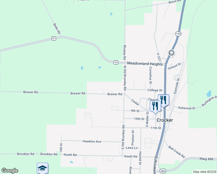 map of restaurants, bars, coffee shops, grocery stores, and more near 102 Brewer Road in Crocker