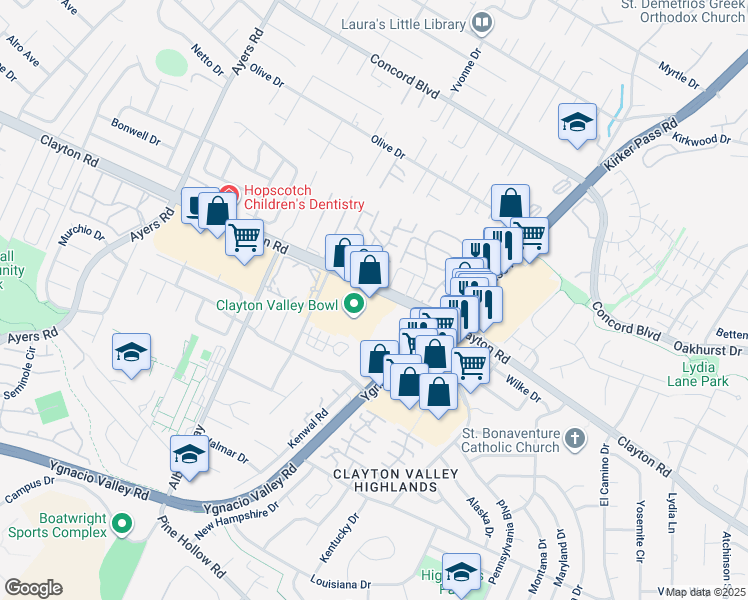 map of restaurants, bars, coffee shops, grocery stores, and more near 5356 Clayton Road in Concord