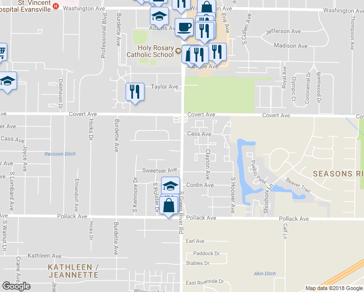 map of restaurants, bars, coffee shops, grocery stores, and more near South Green River Road in Evansville