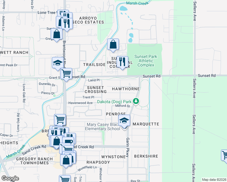 map of restaurants, bars, coffee shops, grocery stores, and more near 610 Bristol Court in Brentwood