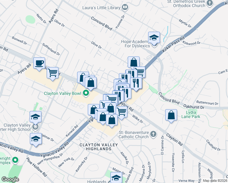 map of restaurants, bars, coffee shops, grocery stores, and more near 1505 Kirker Pass Road in Concord