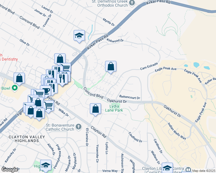 map of restaurants, bars, coffee shops, grocery stores, and more near 1827 Camino Estrada in Concord