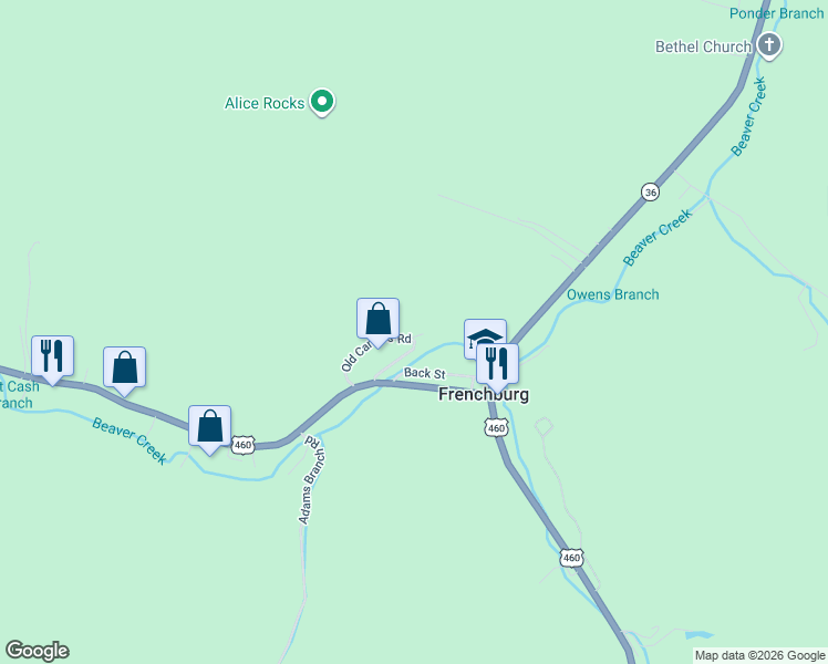 map of restaurants, bars, coffee shops, grocery stores, and more near Old Campus Road in Frenchburg