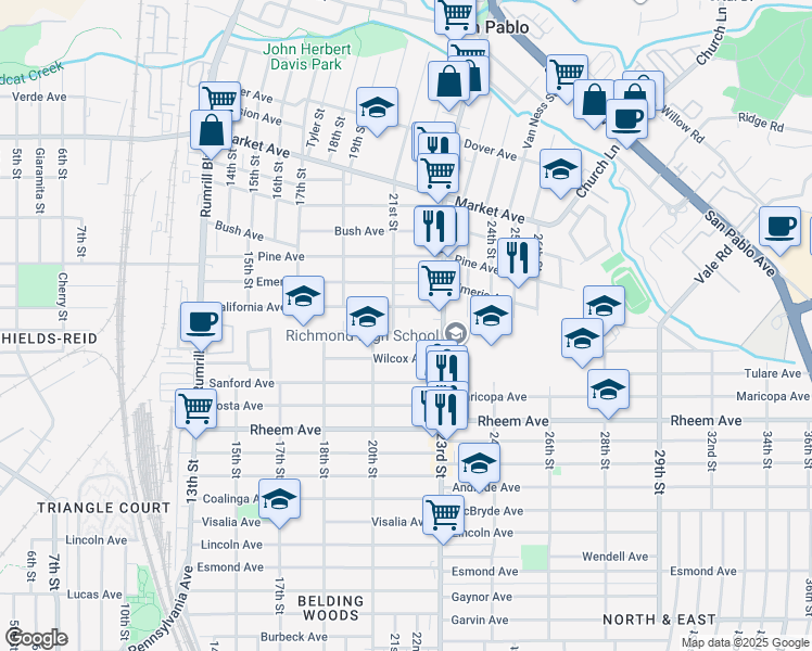 map of restaurants, bars, coffee shops, grocery stores, and more near 2119 Alfreda Boulevard in San Pablo