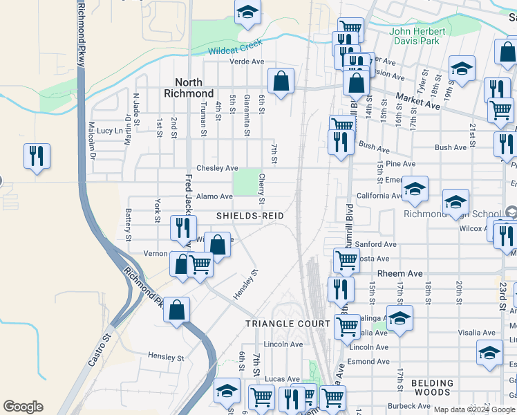map of restaurants, bars, coffee shops, grocery stores, and more near 627 Duboce Avenue in Richmond