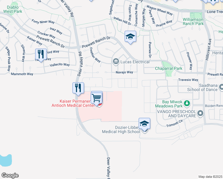 map of restaurants, bars, coffee shops, grocery stores, and more near 5272 Kestrel Street in Antioch