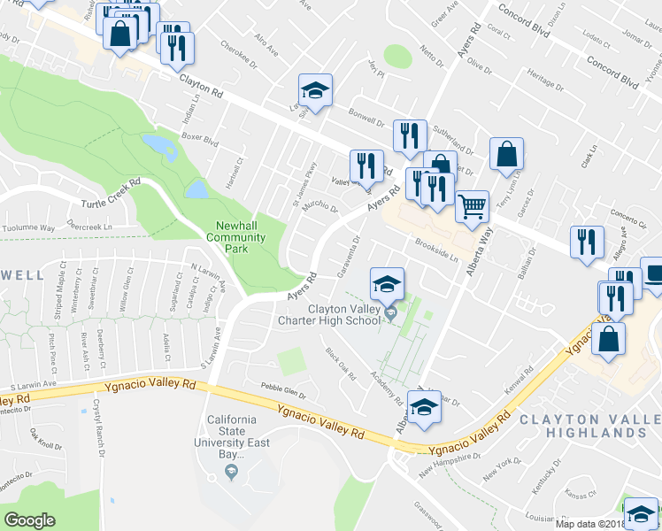 map of restaurants, bars, coffee shops, grocery stores, and more near 5074 Saint Patricia Court in Concord