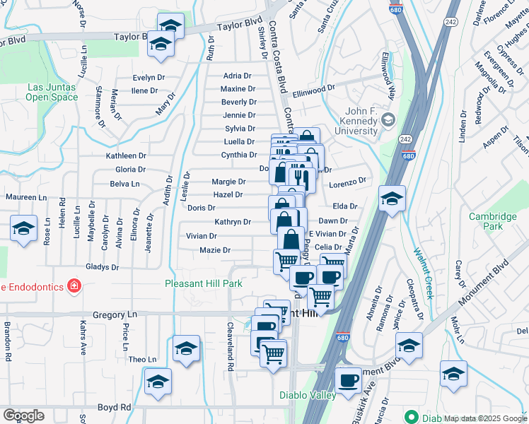 map of restaurants, bars, coffee shops, grocery stores, and more near 113 Doris Drive in Pleasant Hill