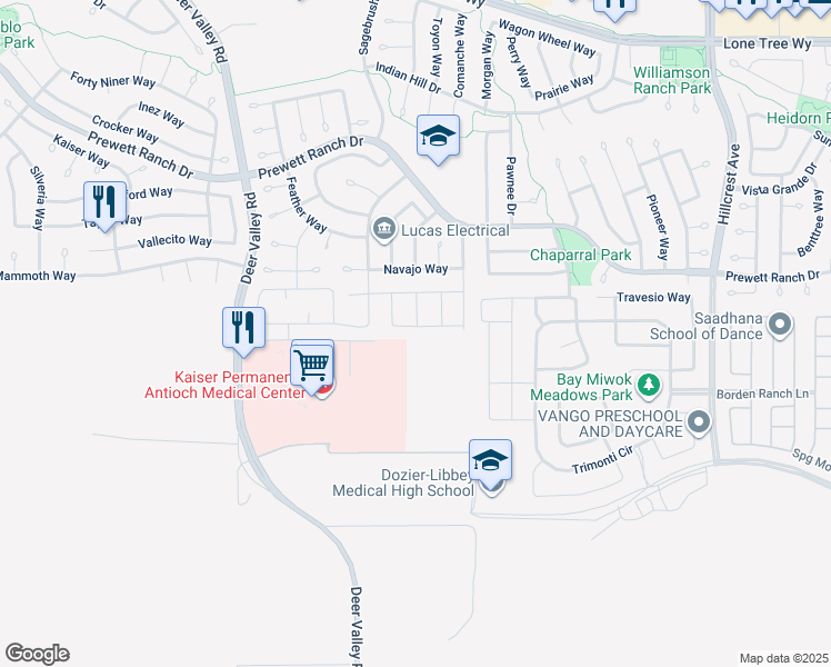 map of restaurants, bars, coffee shops, grocery stores, and more near 5328 Oriole Street in Antioch