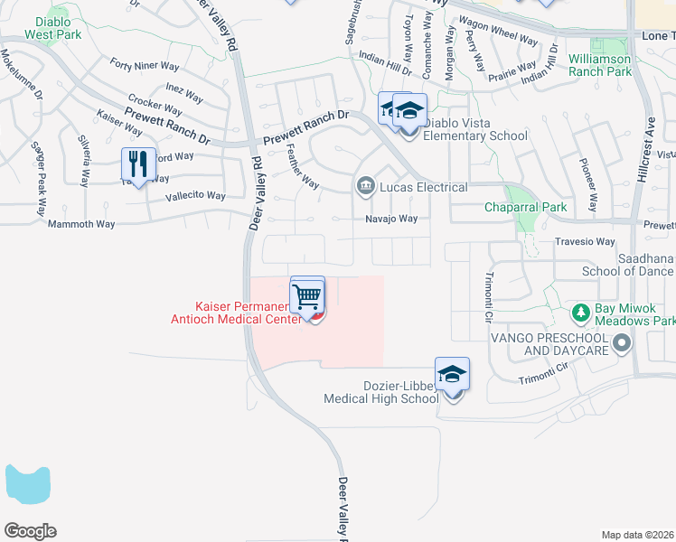 map of restaurants, bars, coffee shops, grocery stores, and more near 5260 Kestrel Street in Antioch