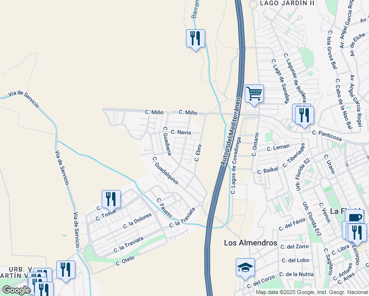 map of restaurants, bars, coffee shops, grocery stores, and more near 14 Calle Bidasoa in Orihuela