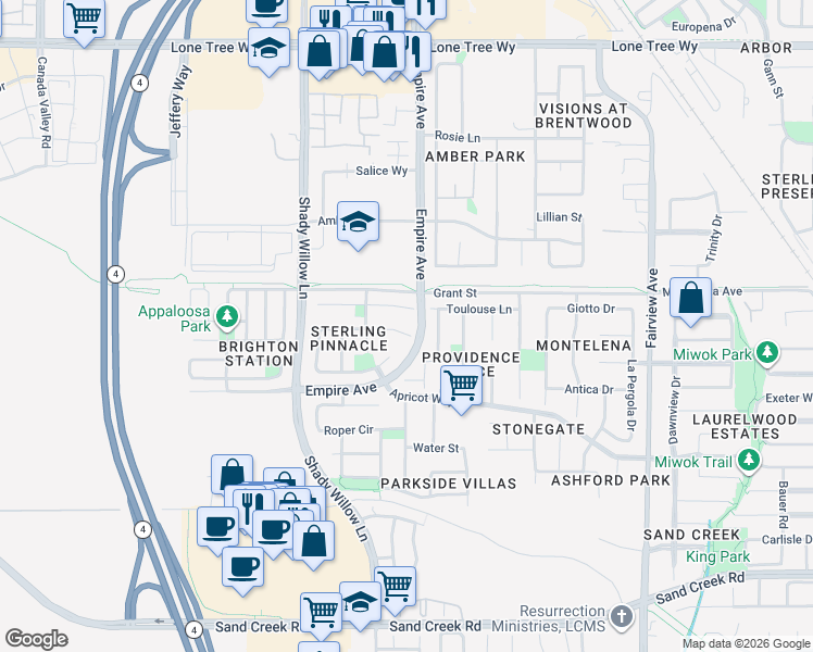 map of restaurants, bars, coffee shops, grocery stores, and more near 2205 Barcelona Court in Brentwood