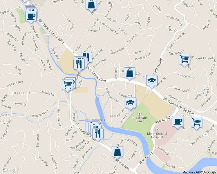 map of restaurants, bars, coffee shops, grocery stores, and more near 222 McAllister Avenue in Kentfield