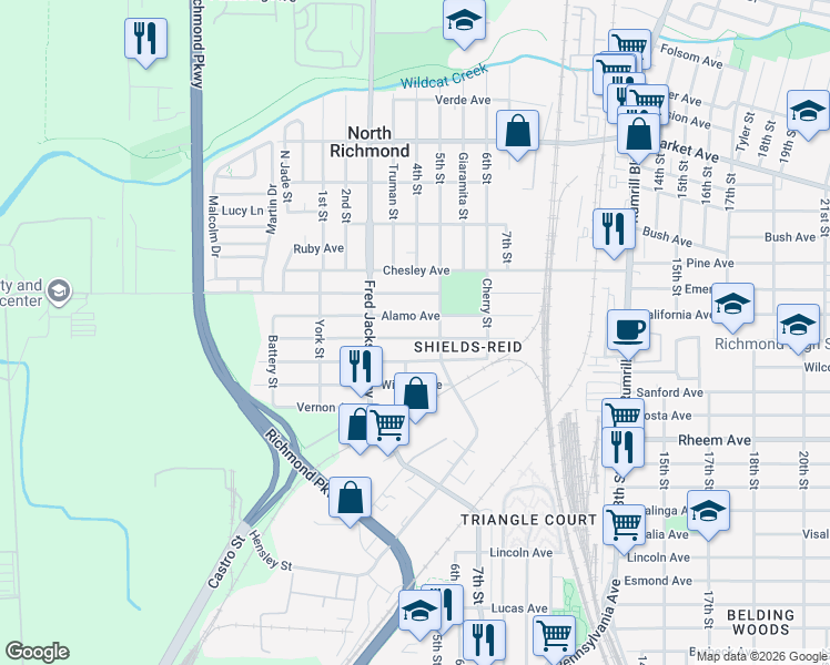 map of restaurants, bars, coffee shops, grocery stores, and more near 435 Duboce Avenue in Richmond
