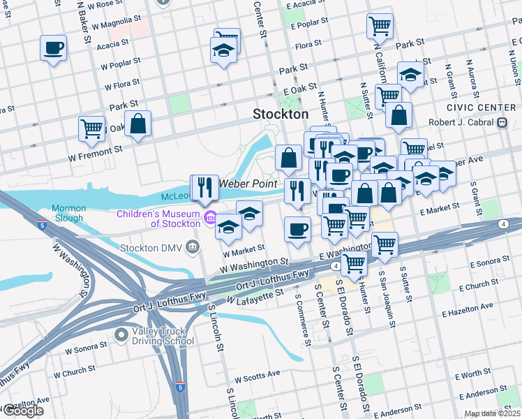 map of restaurants, bars, coffee shops, grocery stores, and more near 146 West Weber Avenue in Stockton