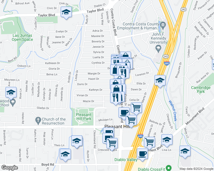 map of restaurants, bars, coffee shops, grocery stores, and more near 113 Doris Drive in Pleasant Hill