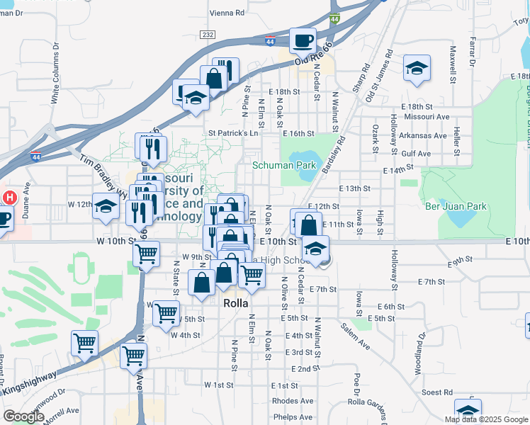 map of restaurants, bars, coffee shops, grocery stores, and more near 112 East 12th Street in Rolla