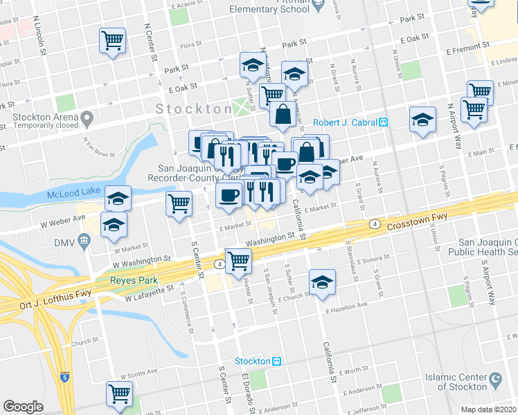 map of restaurants, bars, coffee shops, grocery stores, and more near 306 East Main Street in Stockton
