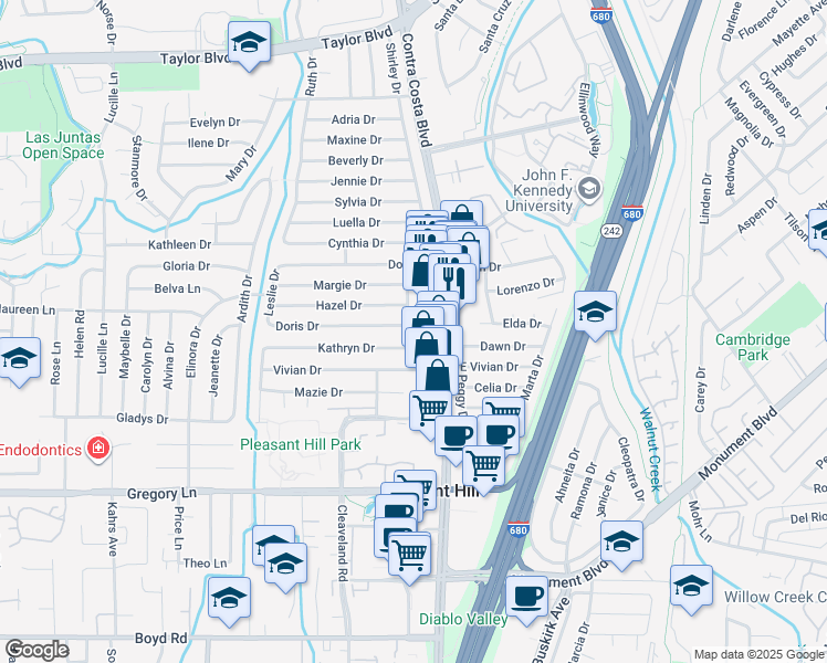 map of restaurants, bars, coffee shops, grocery stores, and more near 1712 Linda Drive in Pleasant Hill
