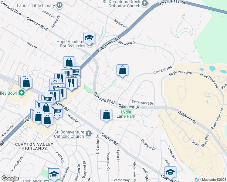 map of restaurants, bars, coffee shops, grocery stores, and more near 5537 Guadalupe Court in Concord