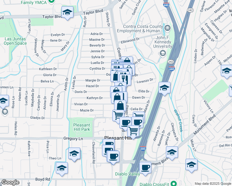 map of restaurants, bars, coffee shops, grocery stores, and more near 1710 Linda Drive in Pleasant Hill