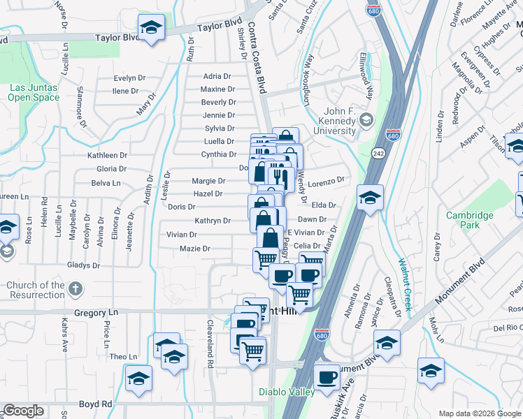 map of restaurants, bars, coffee shops, grocery stores, and more near 1710 Linda Drive in Pleasant Hill