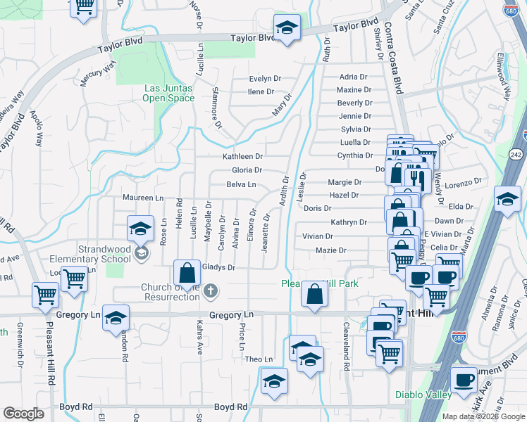 map of restaurants, bars, coffee shops, grocery stores, and more near 1912 Elinora Drive in Pleasant Hill