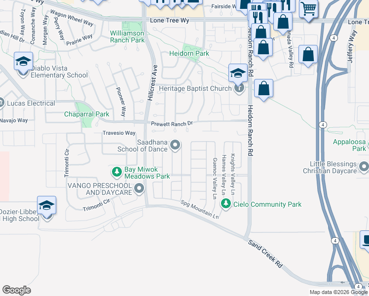 map of restaurants, bars, coffee shops, grocery stores, and more near 5313 Capay Valley Lane in Antioch