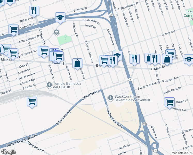 map of restaurants, bars, coffee shops, grocery stores, and more near 3228 East Anderson Street in Stockton