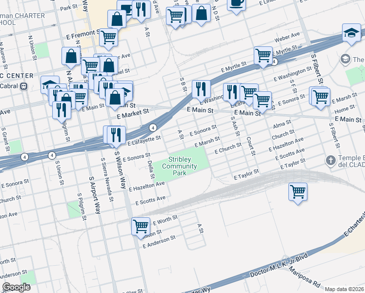 map of restaurants, bars, coffee shops, grocery stores, and more near 1905 East Marsh Street in Stockton