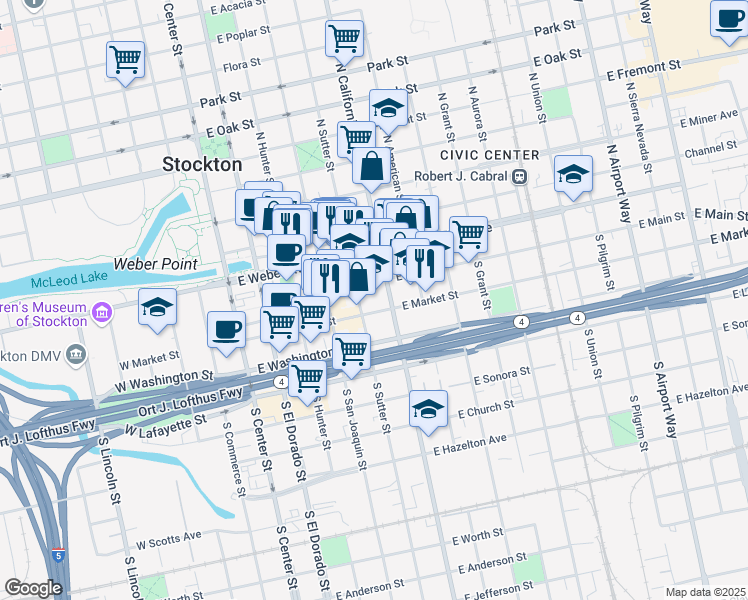 map of restaurants, bars, coffee shops, grocery stores, and more near 400 East Main Street in Stockton